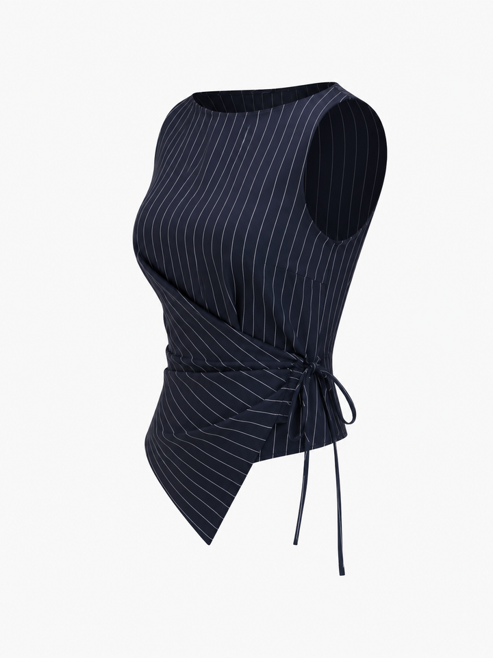 Boat Neck Striped Wrap Knotted Top & Mid Rise Straight Leg Trousers Set
