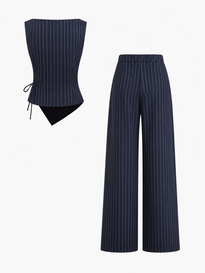 Boat Neck Striped Wrap Knotted Top & Mid Rise Straight Leg Trousers Set