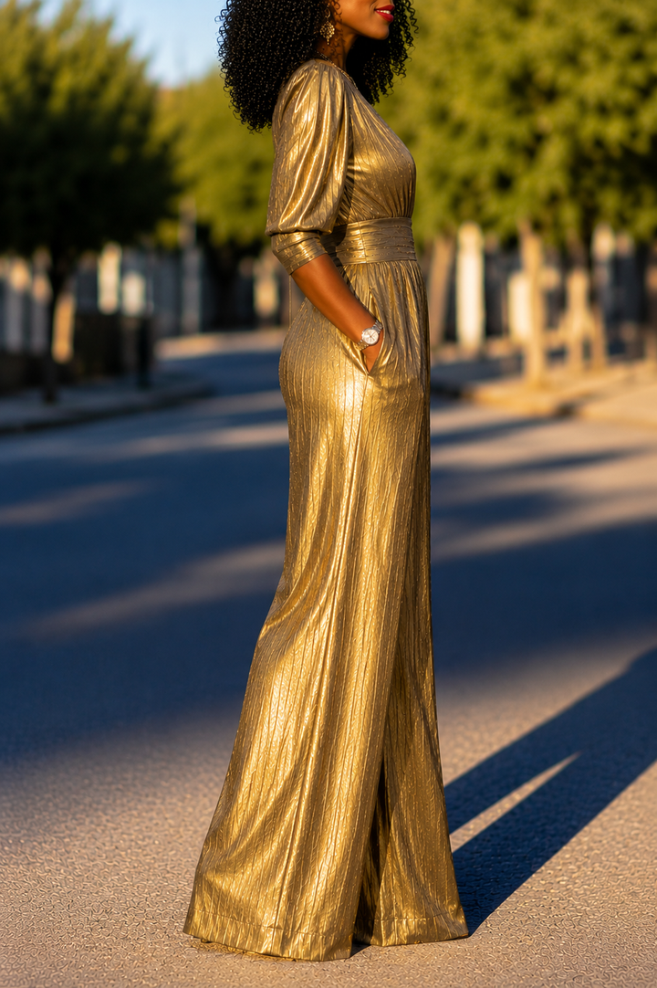 High Waisted Shiny V-Neck Jumpsuit