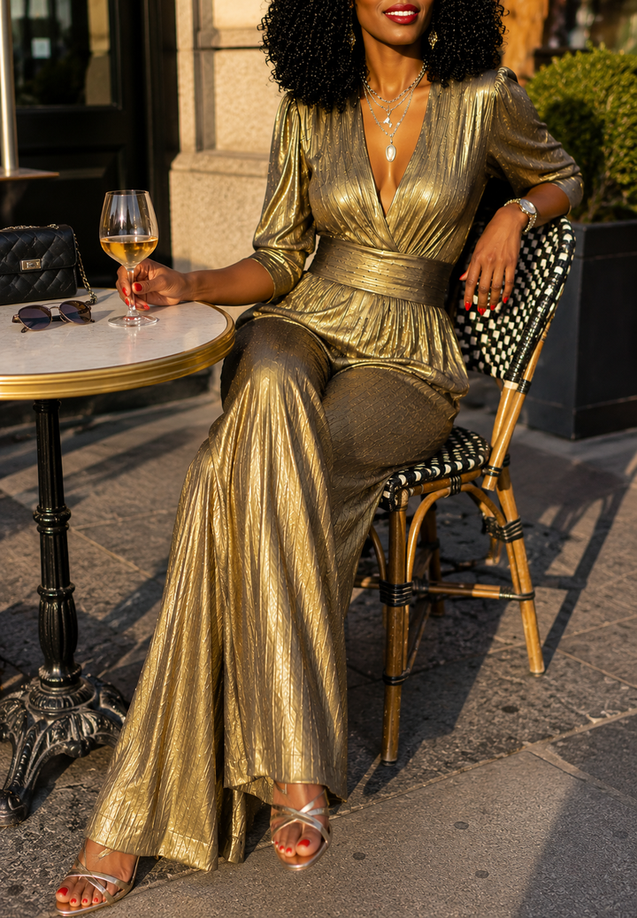High Waisted Shiny V-Neck Jumpsuit
