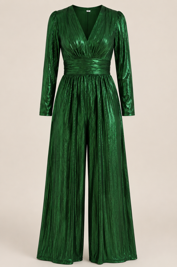High Waisted Shiny V-Neck Jumpsuit