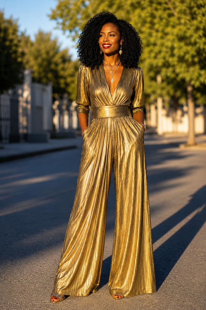 High Waisted Shiny V-Neck Jumpsuit