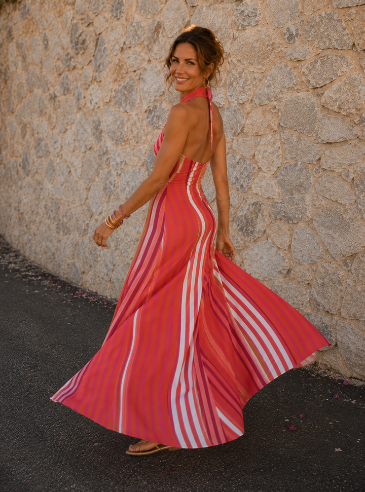 Sunset Samba Cross-Halter Stripe Dress