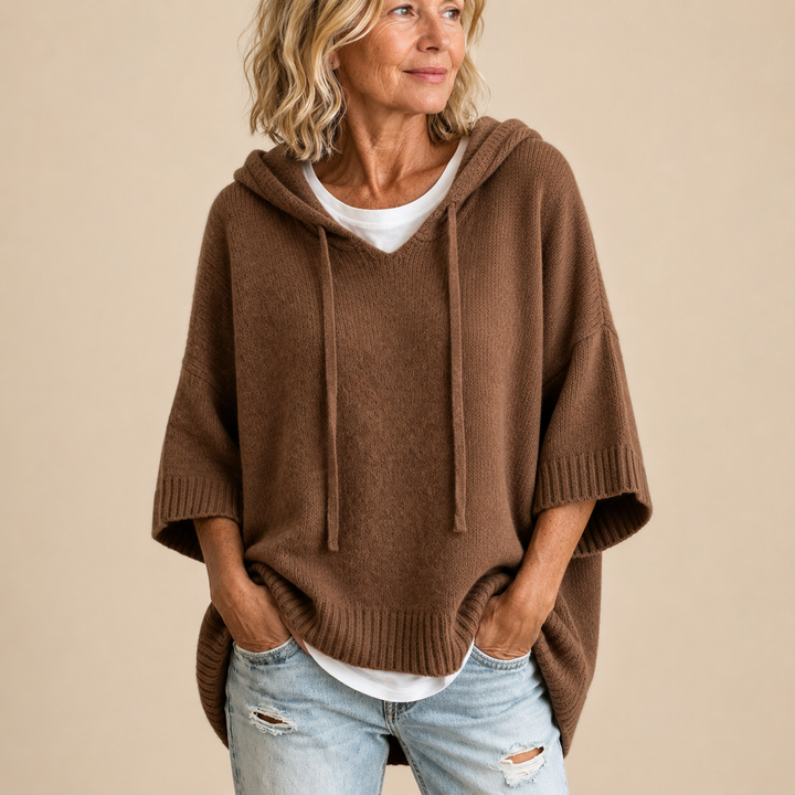 Hooded Knit Poncho with Three-Quarter Sleeves