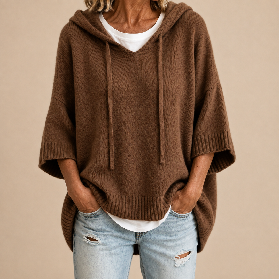 Hooded Knit Poncho with Three-Quarter Sleeves