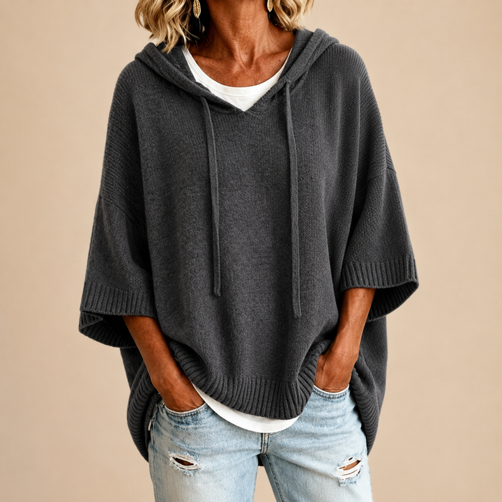 Hooded Knit Poncho with Three-Quarter Sleeves
