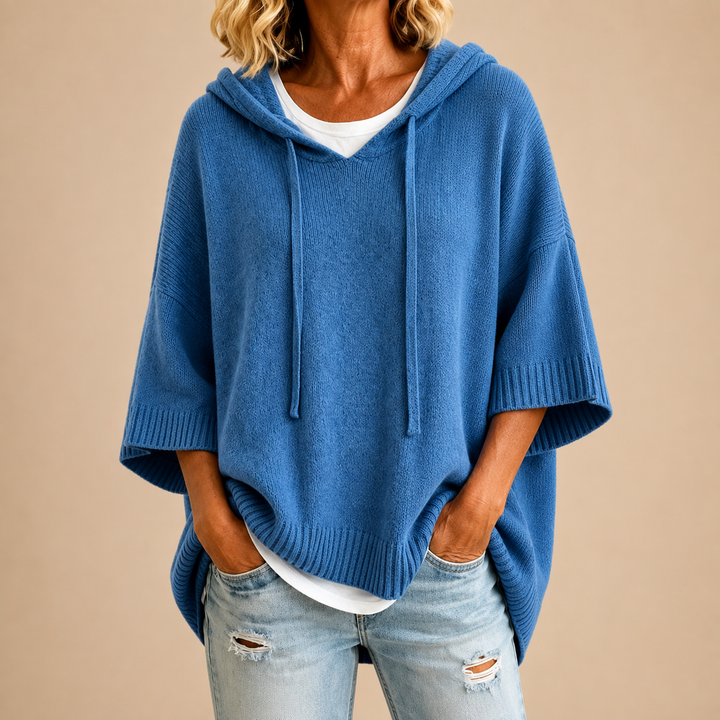 Hooded Knit Poncho with Three-Quarter Sleeves