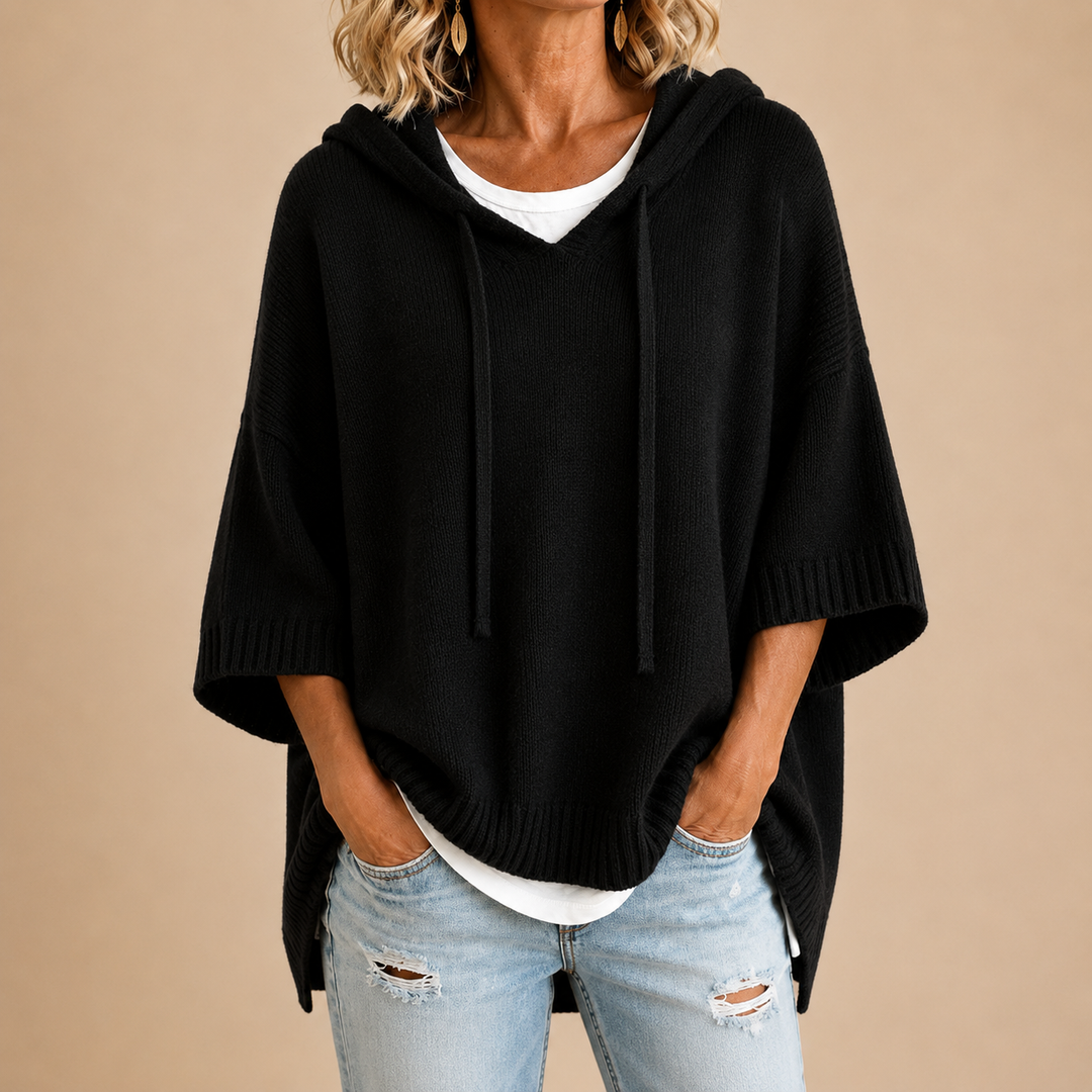 Hooded Knit Poncho with Three-Quarter Sleeves