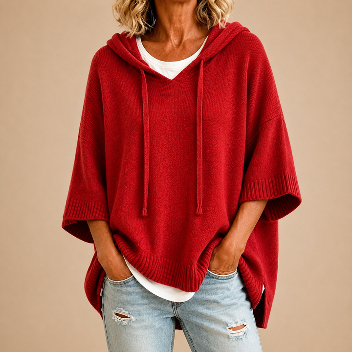 Hooded Knit Poncho with Three-Quarter Sleeves