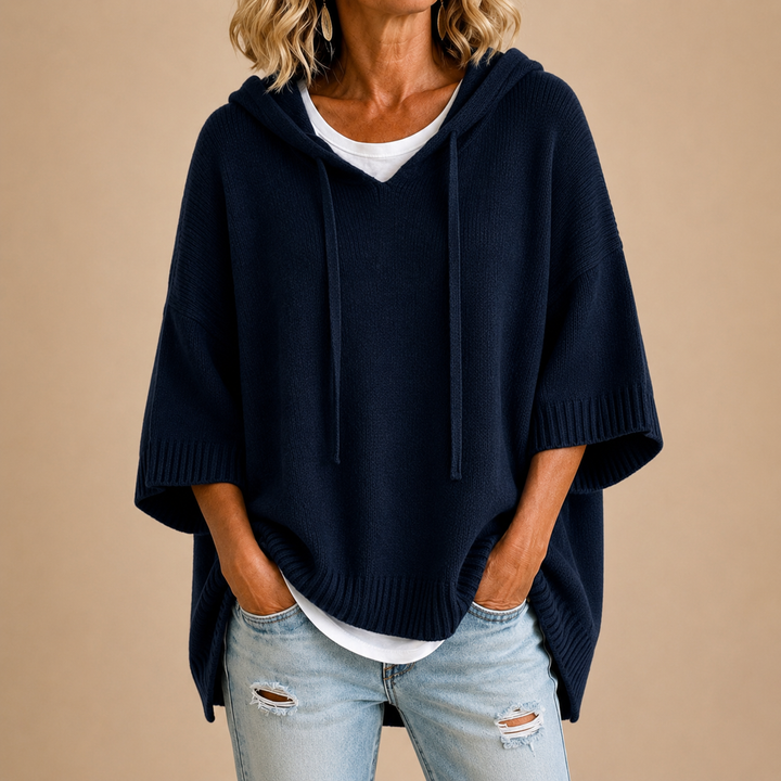 Hooded Knit Poncho with Three-Quarter Sleeves