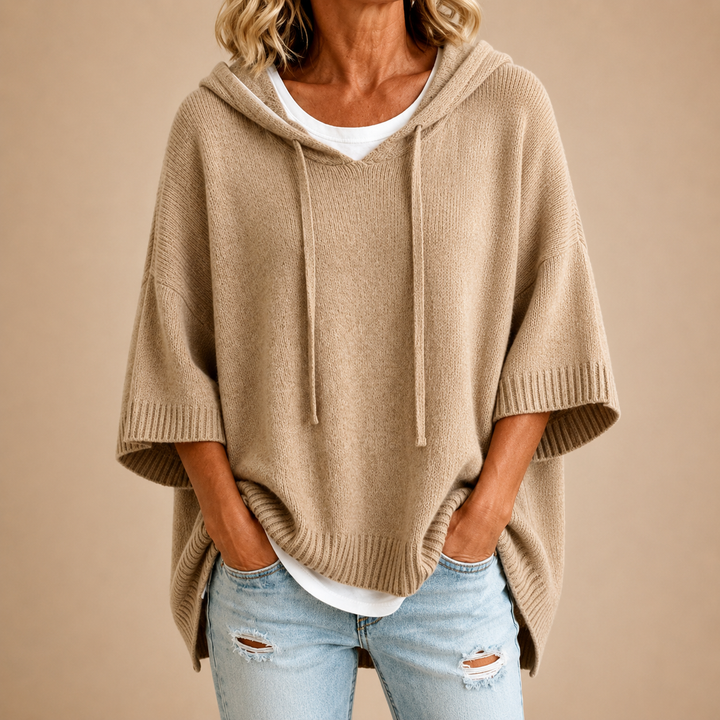 Hooded Knit Poncho with Three-Quarter Sleeves