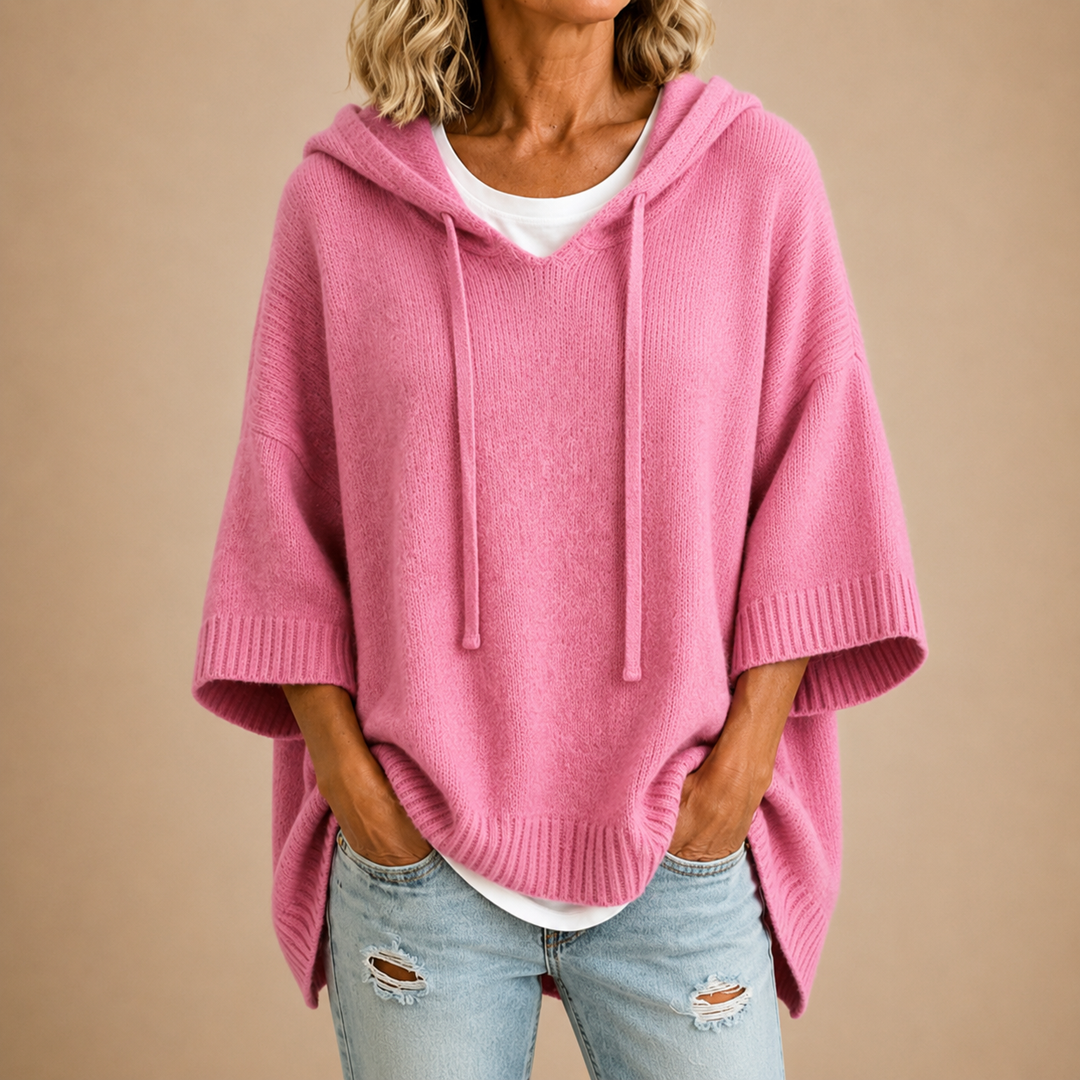 Hooded Knit Poncho with Three-Quarter Sleeves