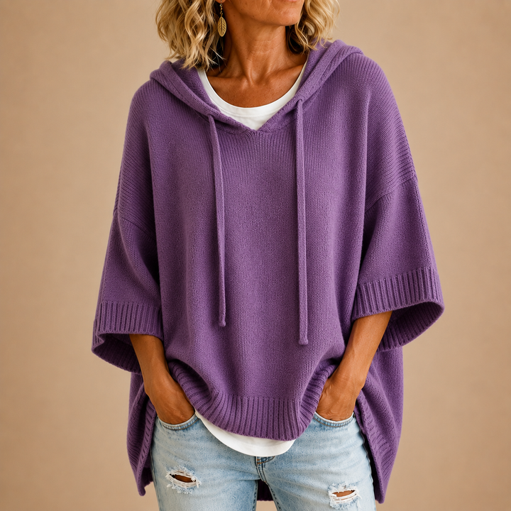 Hooded Knit Poncho with Three-Quarter Sleeves