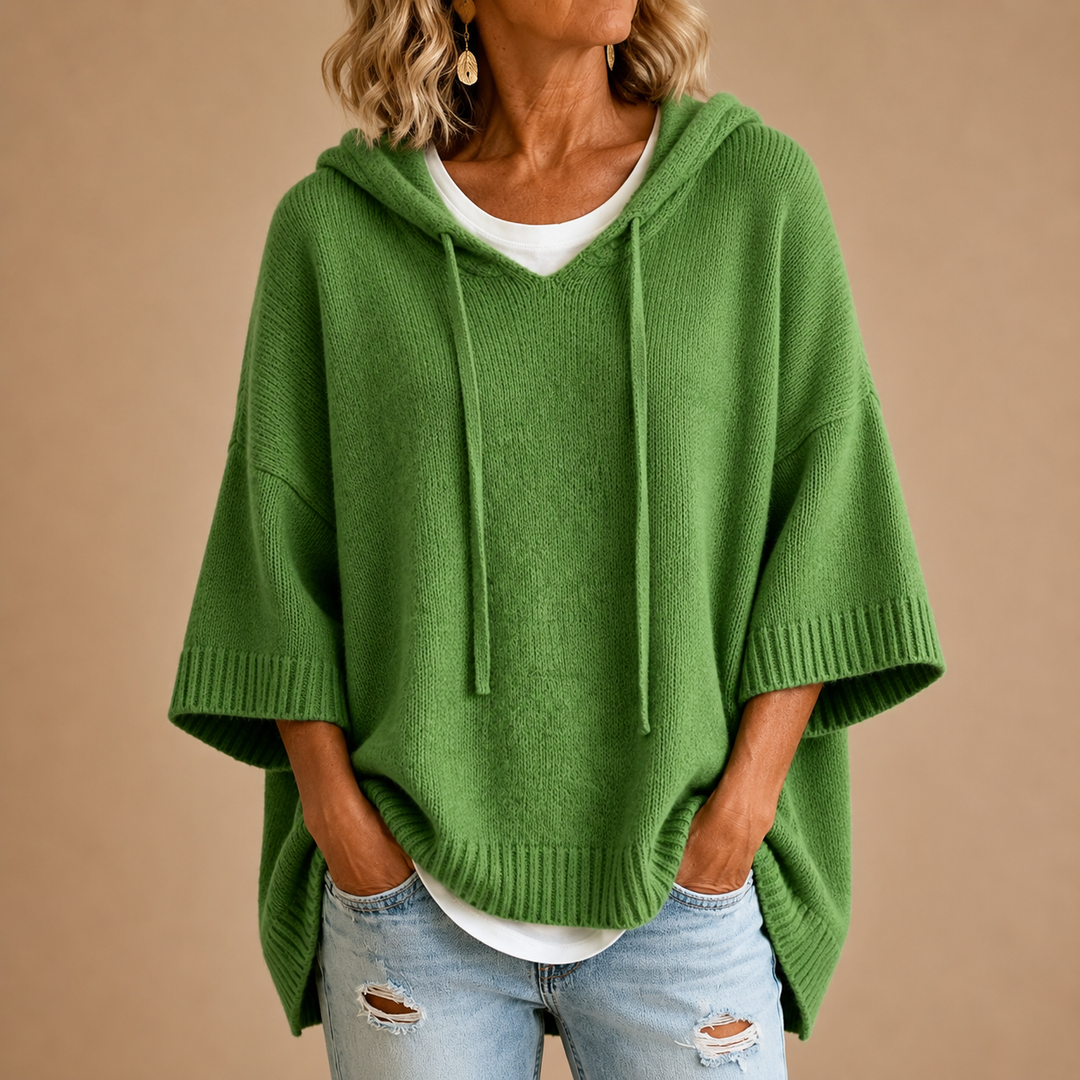 Hooded Knit Poncho with Three-Quarter Sleeves