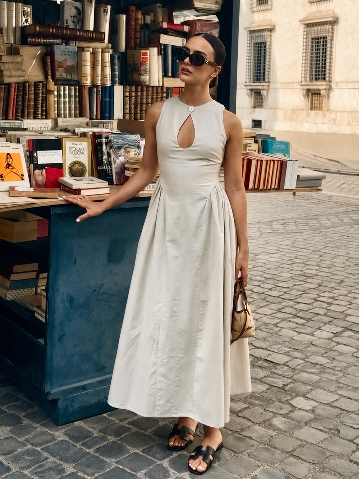 Cotton & Linen Pleated Cutout Long Dress