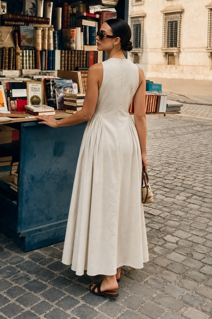 Cotton & Linen Pleated Cutout Long Dress
