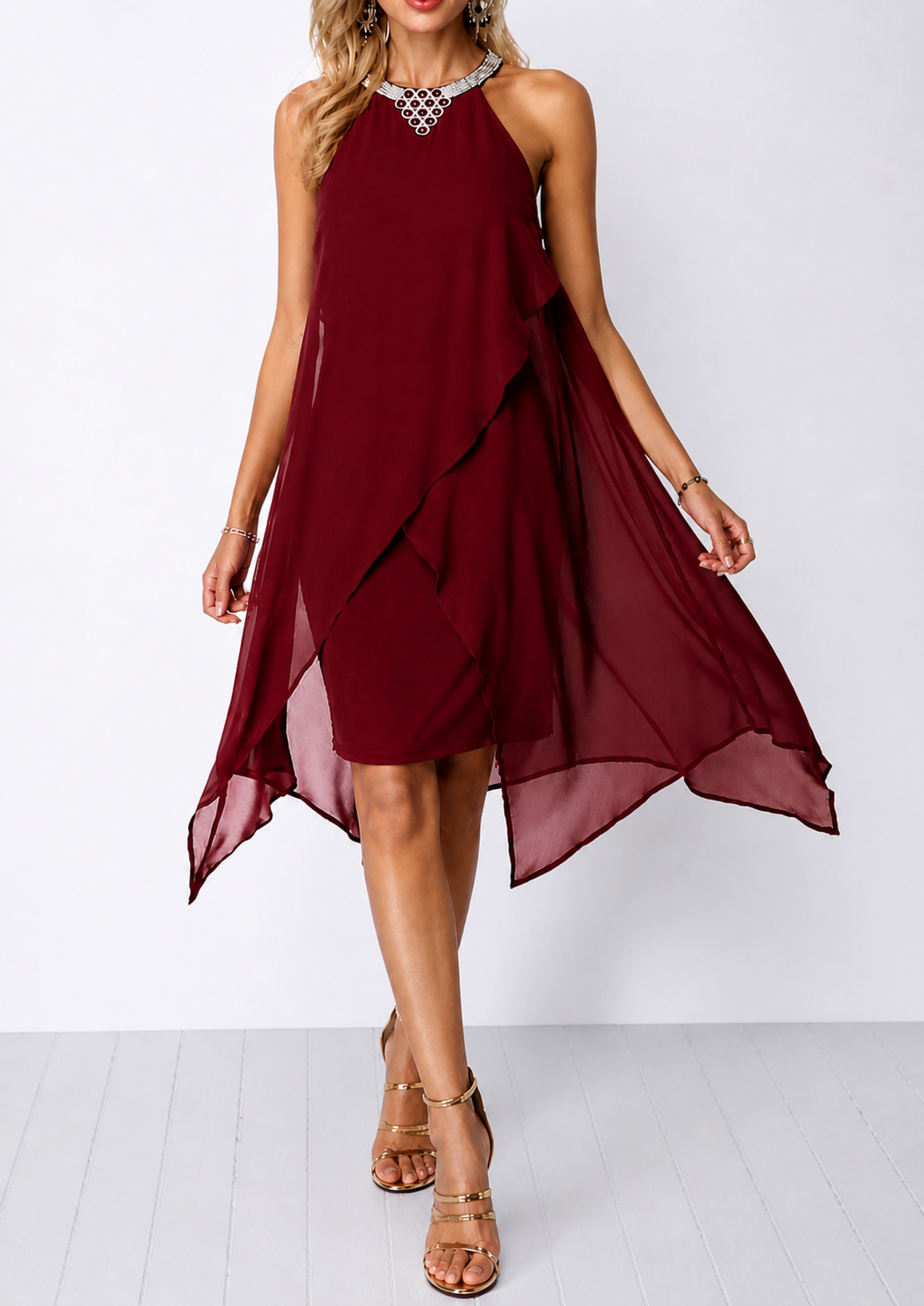 Sarah | Embellished Neck Asymmetric Hem Chiffon Dress