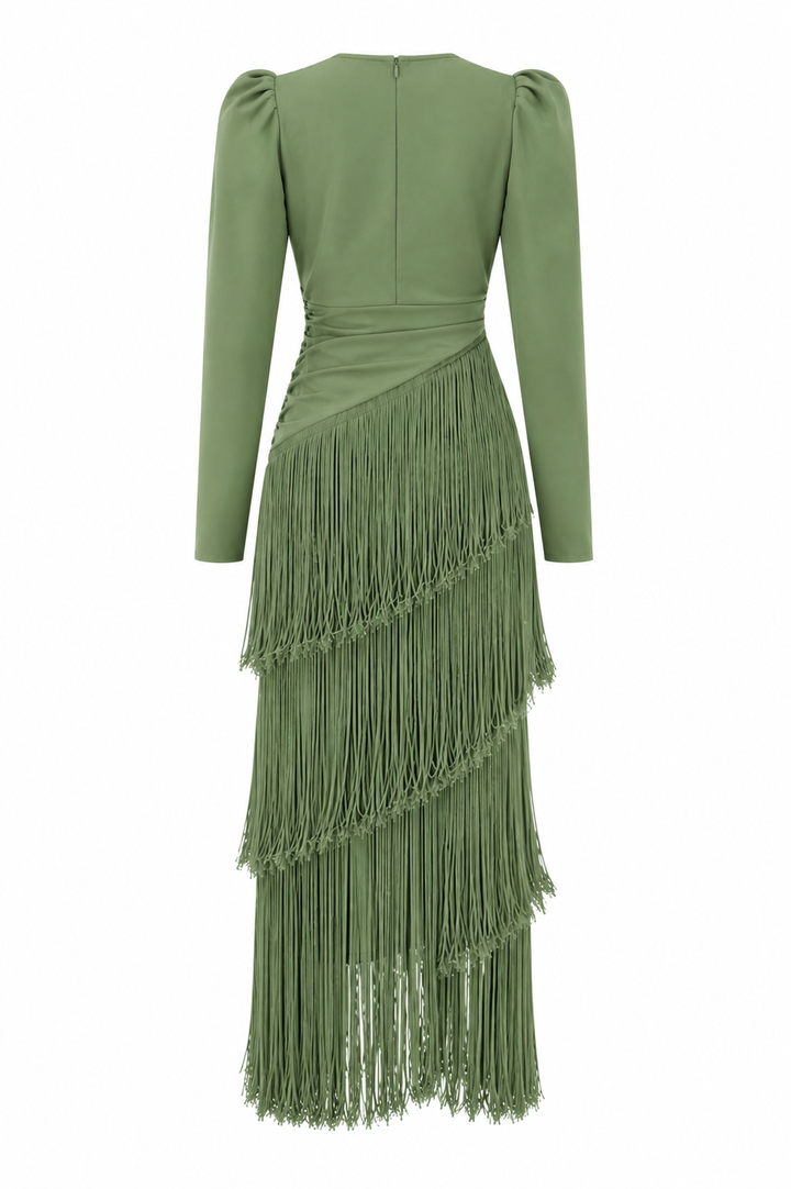 Tassel Ruched Long Sleeve Midi Dress