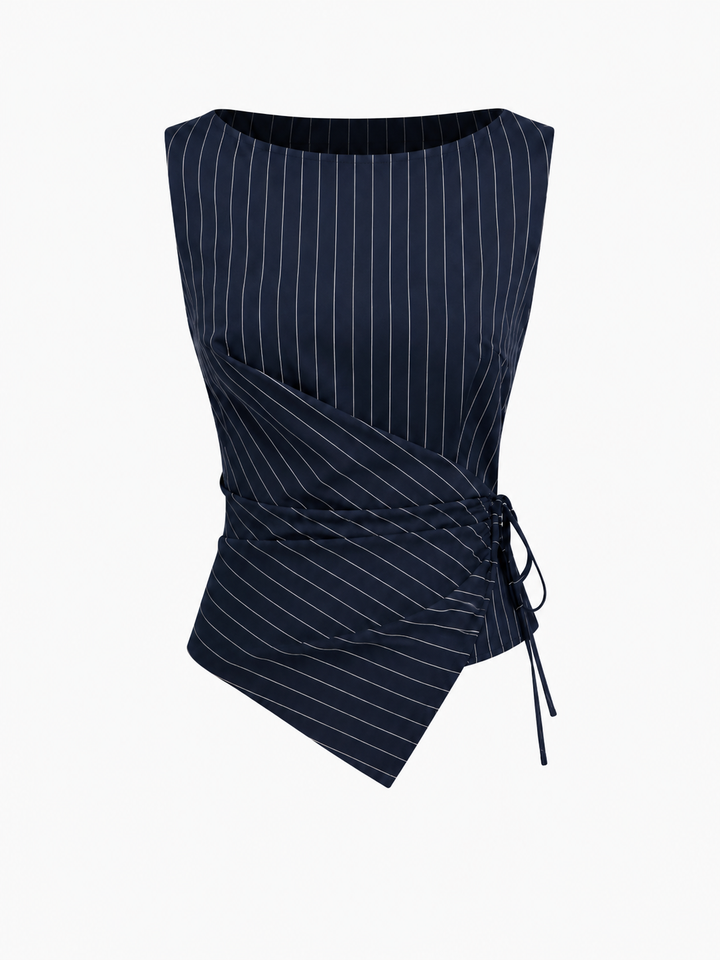 Boat Neck Striped Wrap Knotted Top & Mid Rise Straight Leg Trousers Set