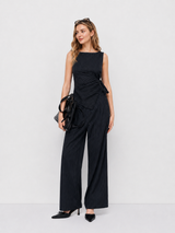 Boat Neck Striped Wrap Knotted Top & Mid Rise Straight Leg Trousers Set