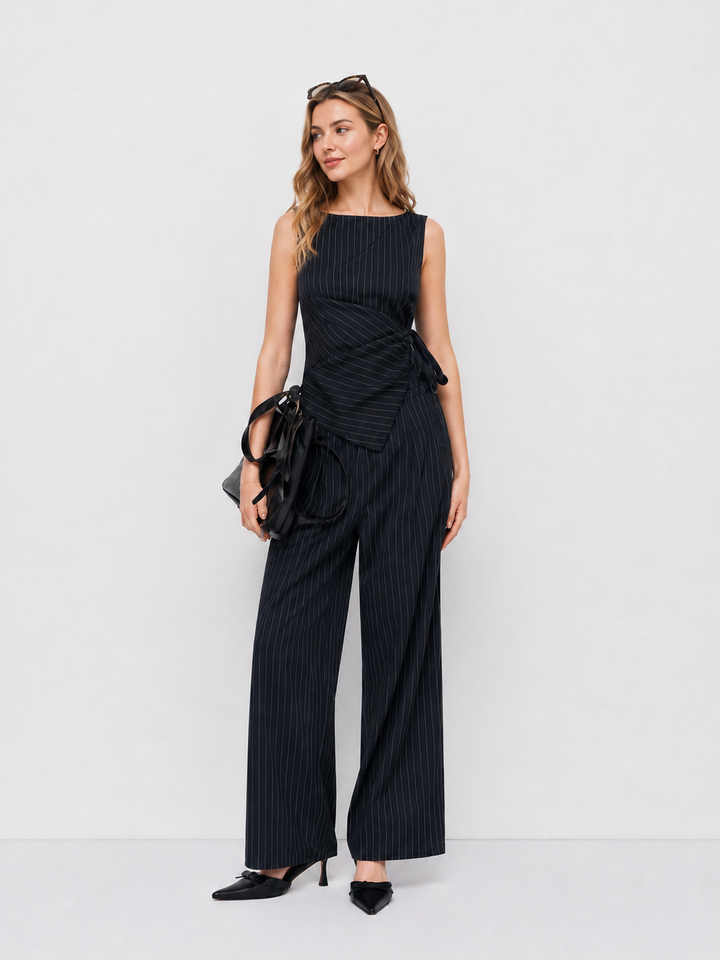 Boat Neck Striped Wrap Knotted Top & Mid Rise Straight Leg Trousers Set