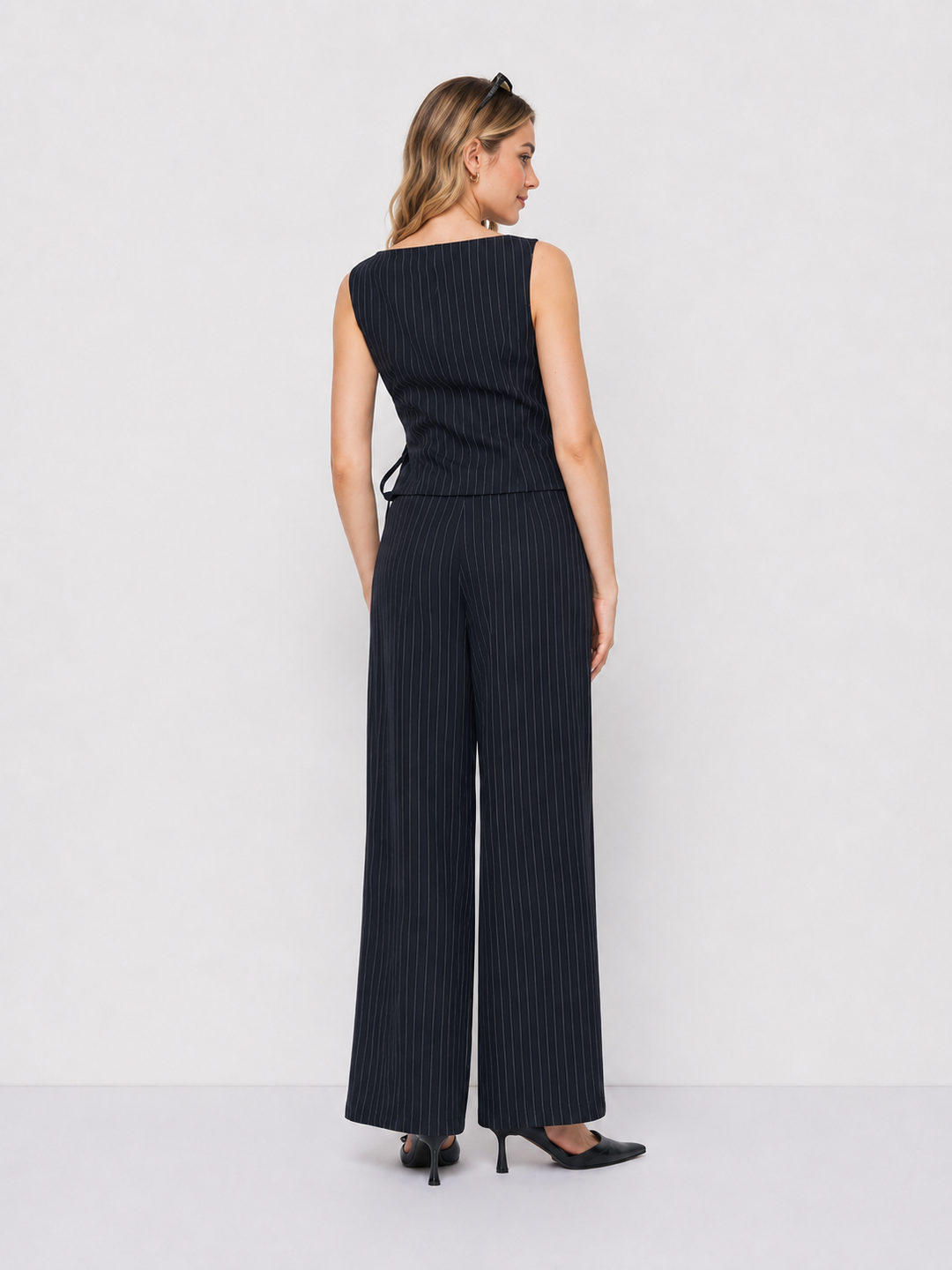 Boat Neck Striped Wrap Knotted Top & Mid Rise Straight Leg Trousers Set