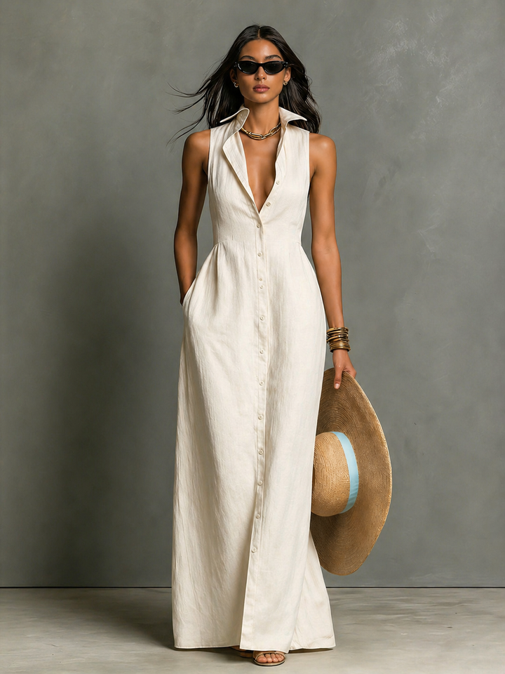 Linen-Blend Sleeveless Maxi Shirt Dress