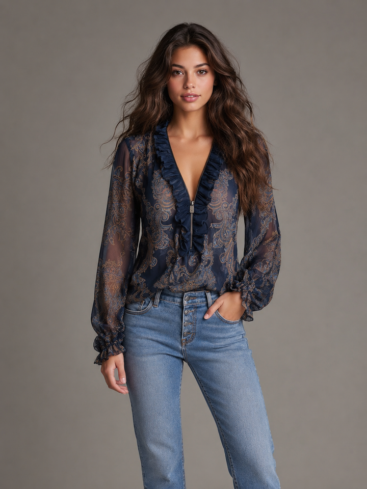 Navy Baroque Zip Chiffon Blouse