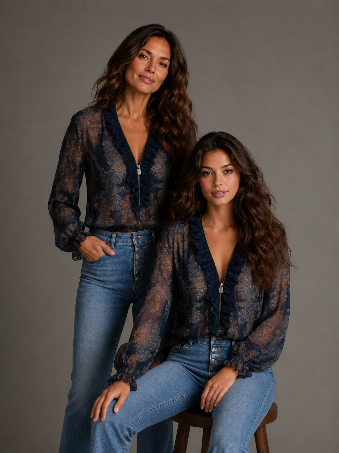 Navy Baroque Zip Chiffon Blouse