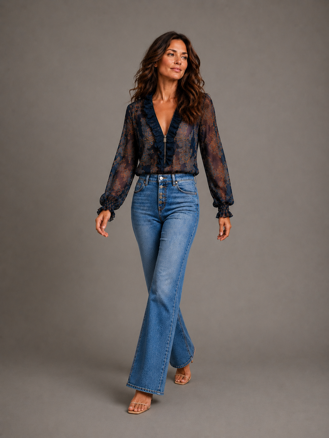 Navy Baroque Zip Chiffon Blouse