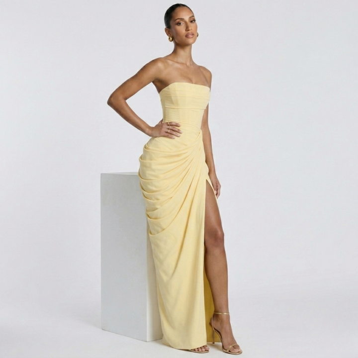 Cyra Back Lace-up Asymmetrical Pleats Strapless Slit Maxi Dress
