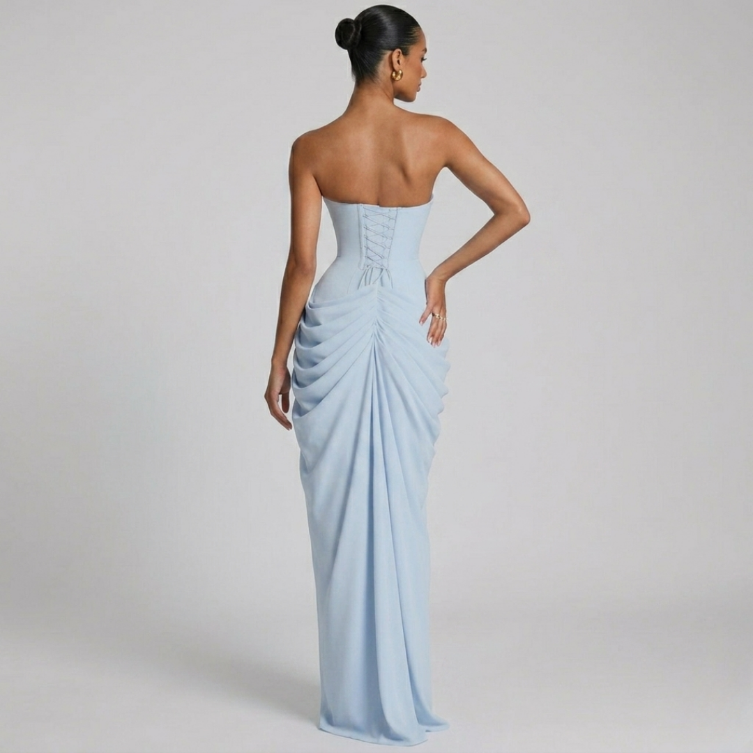 Cyra Back Lace-up Asymmetrical Pleats Strapless Slit Maxi Dress
