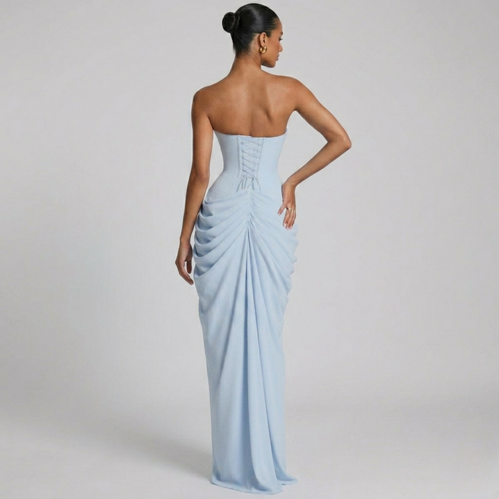 Cyra Back Lace-up Asymmetrical Pleats Strapless Slit Maxi Dress