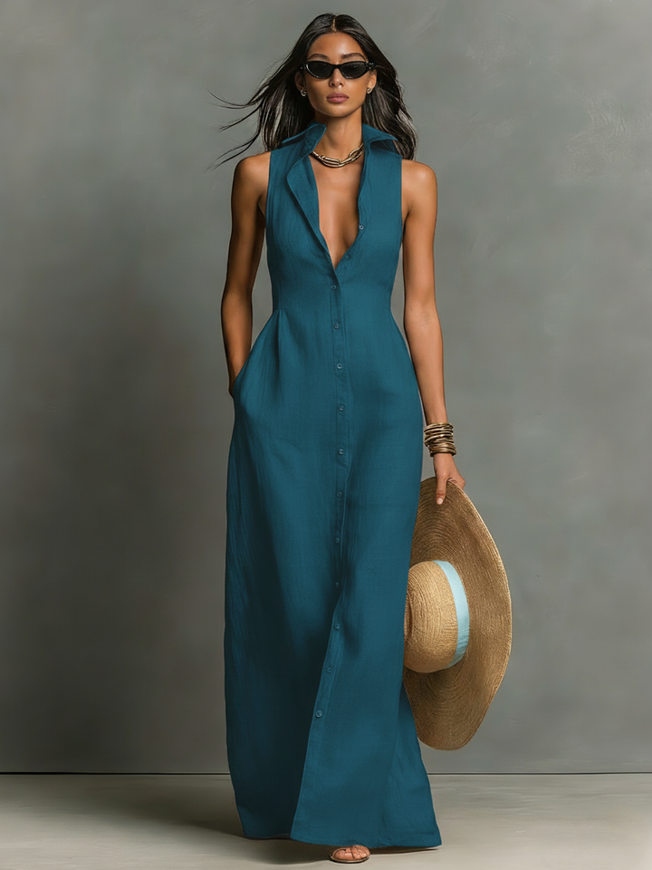 Linen-Blend Sleeveless Maxi Shirt Dress