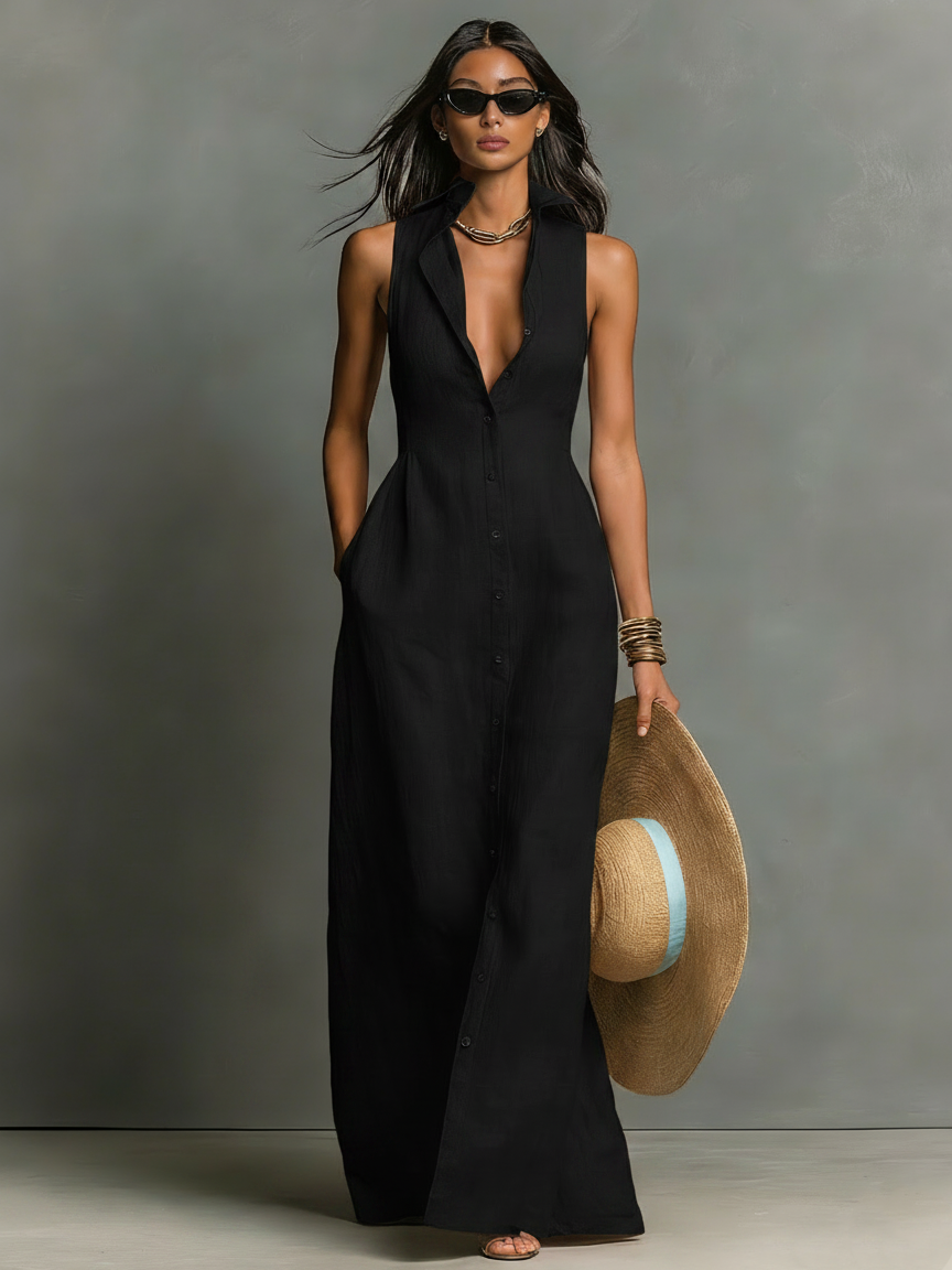 Linen-Blend Sleeveless Maxi Shirt Dress