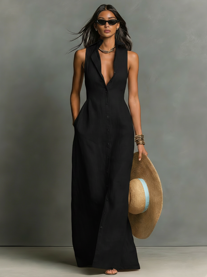 Linen-Blend Sleeveless Maxi Shirt Dress