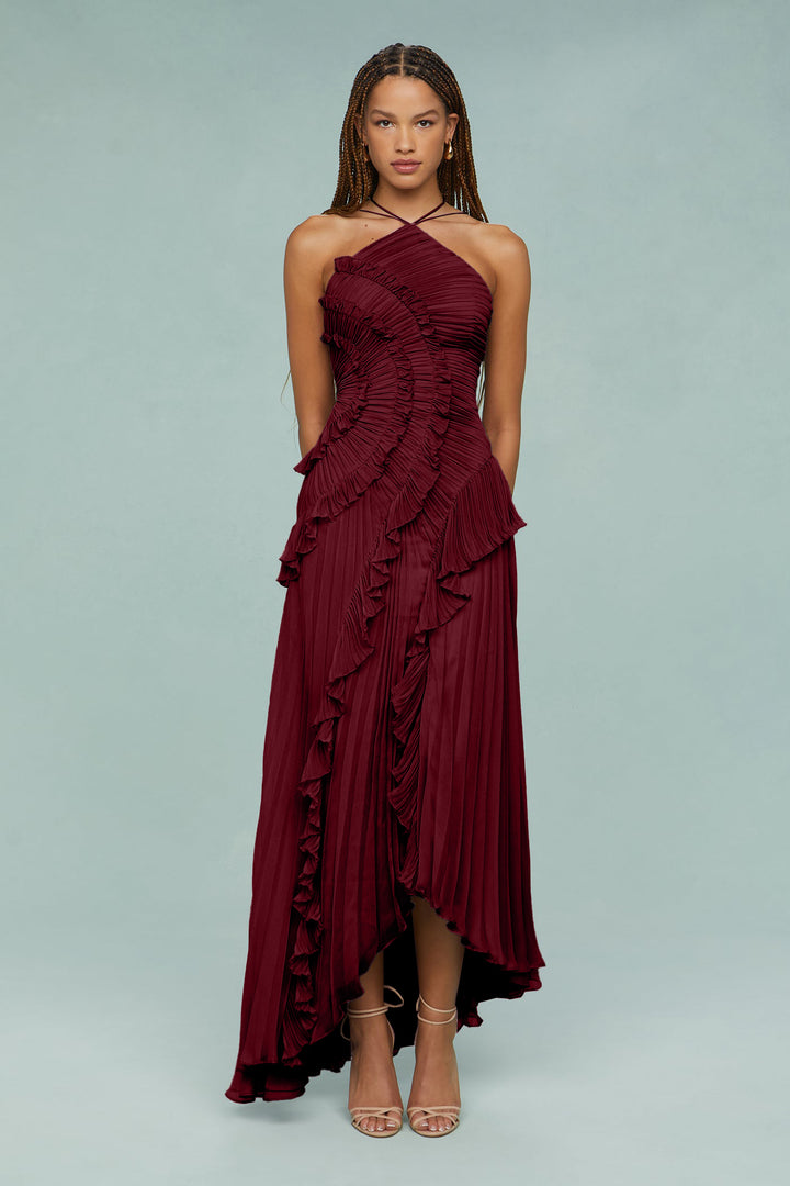 Jessica | Pleated Frill Halter Neck Midi Dress
