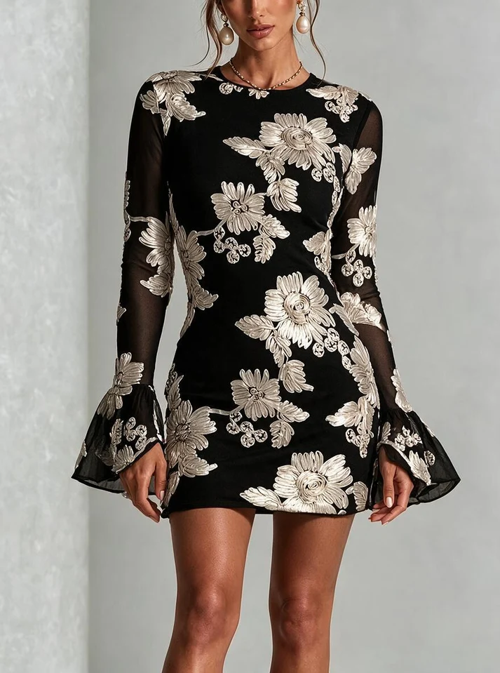 Black Mesh Mini Dress 3D White Floral Embroidery Long Flare Sleeve Bodycon Party Dress