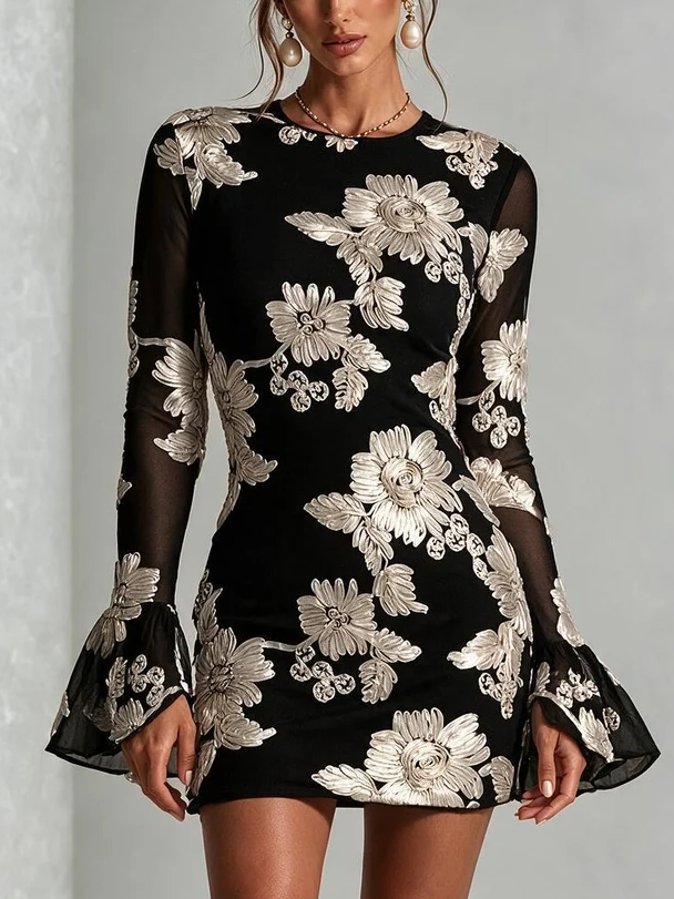 Black Mesh Mini Dress 3D White Floral Embroidery Long Flare Sleeve Bodycon Party Dress