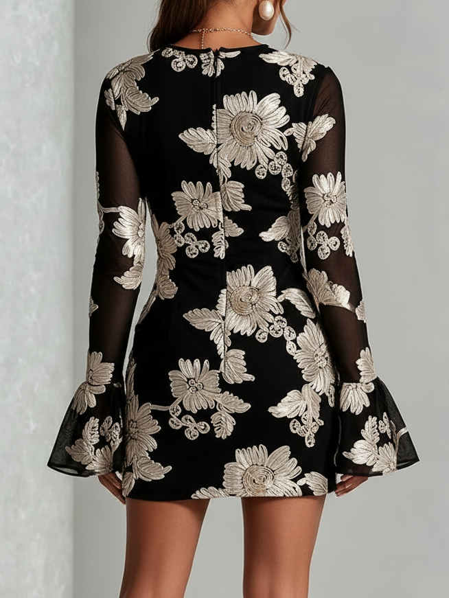 Black Mesh Mini Dress 3D White Floral Embroidery Long Flare Sleeve Bodycon Party Dress
