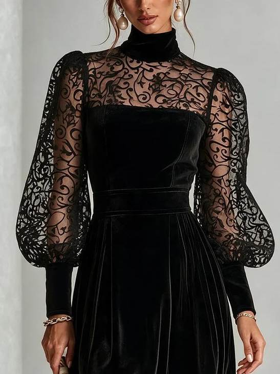 Black Velvet Mini Dress High Neck Sheer Vine Lace Puff Sleeve High Waist Pleated A Line Cocktail Dress