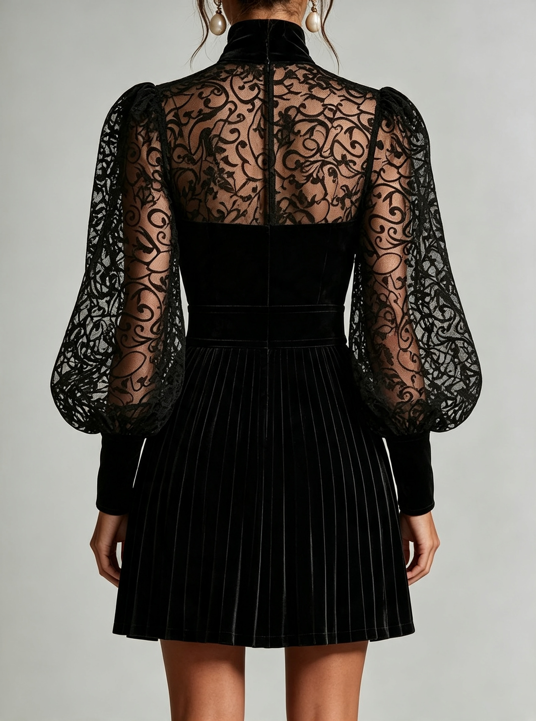 Black Velvet Mini Dress High Neck Sheer Vine Lace Puff Sleeve High Waist Pleated A Line Cocktail Dress