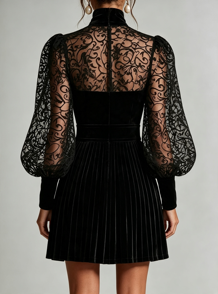 Black Velvet Mini Dress High Neck Sheer Vine Lace Puff Sleeve High Waist Pleated A Line Cocktail Dress