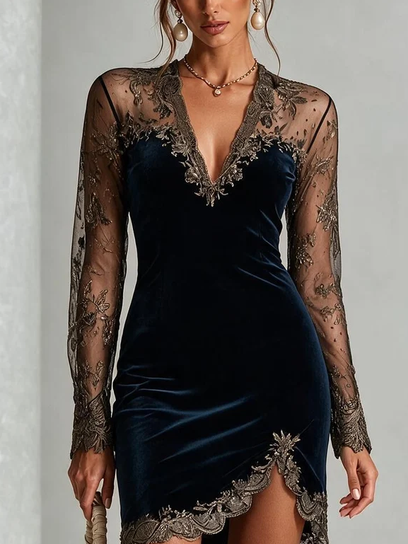 Navy Velvet Mini Dress Sheer Gold Floral Lace Long Sleeve Deep V Wrap Slit Bodycon Cocktail Dress