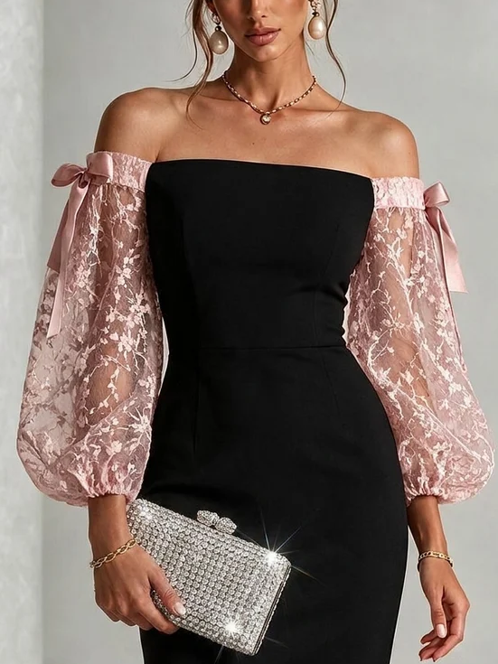 Black Off Shoulder Mini Dress Pink Floral Lace Puff Sleeve Satin Bow Bodycon Party Dress