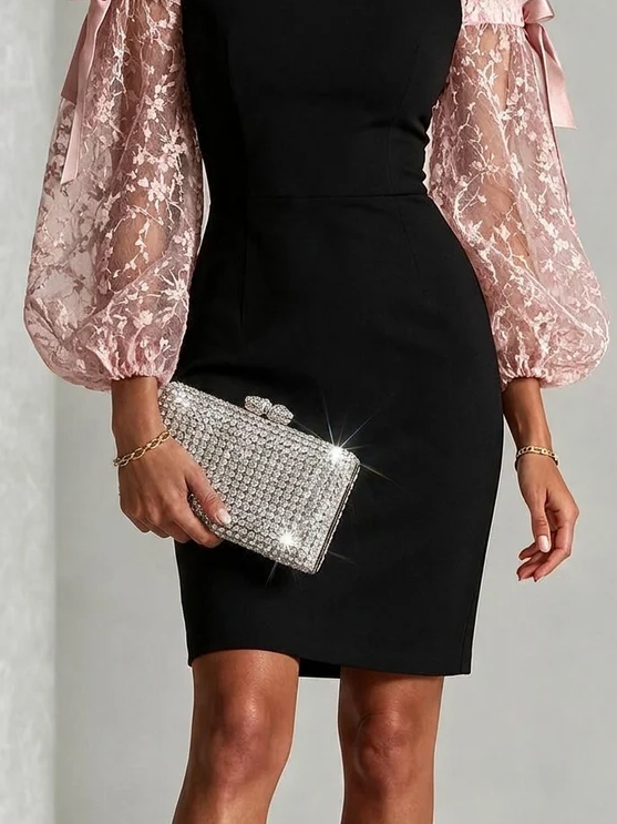 Black Off Shoulder Mini Dress Pink Floral Lace Puff Sleeve Satin Bow Bodycon Party Dress