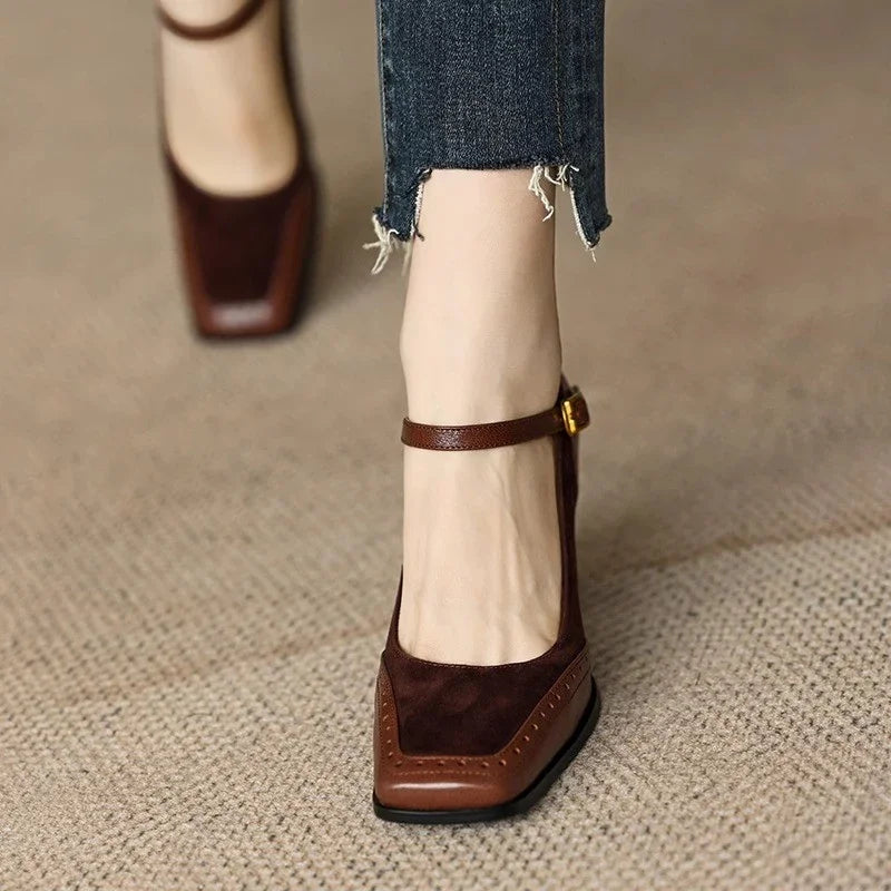 Constance | Square Toe Brogue Ankle Strap Block Heel Pumps