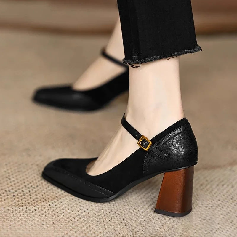 Constance | Square Toe Brogue Ankle Strap Block Heel Pumps