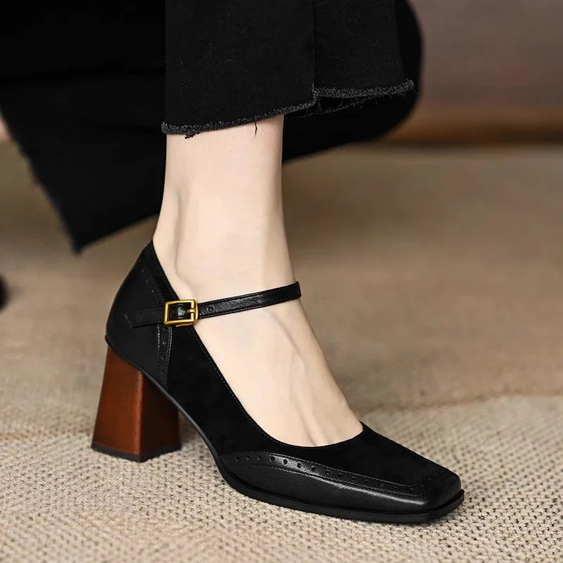 Constance | Square Toe Brogue Ankle Strap Block Heel Pumps