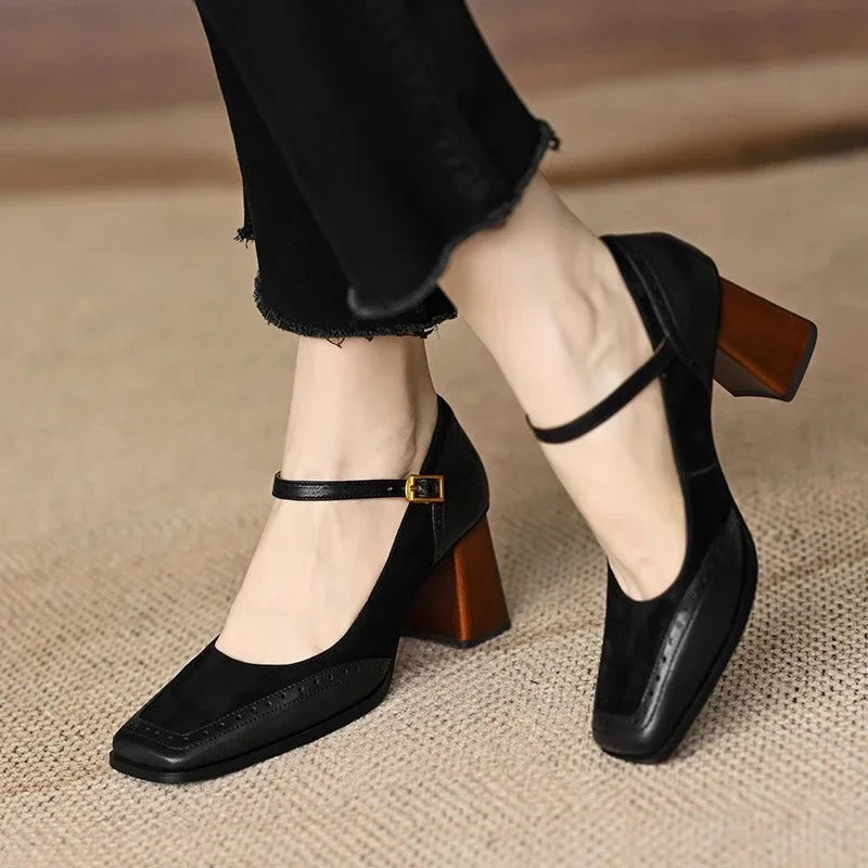 Constance | Square Toe Brogue Ankle Strap Block Heel Pumps